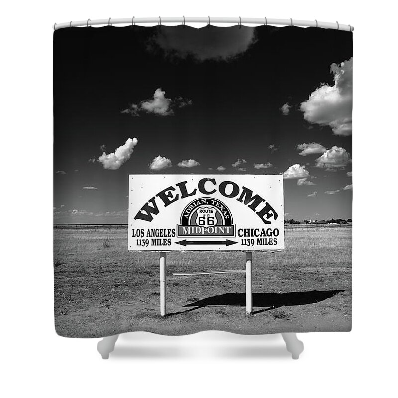 66 Shower Curtain featuring the photograph Route 66 - Midpoint Sign 2010 BW by Frank Romeo