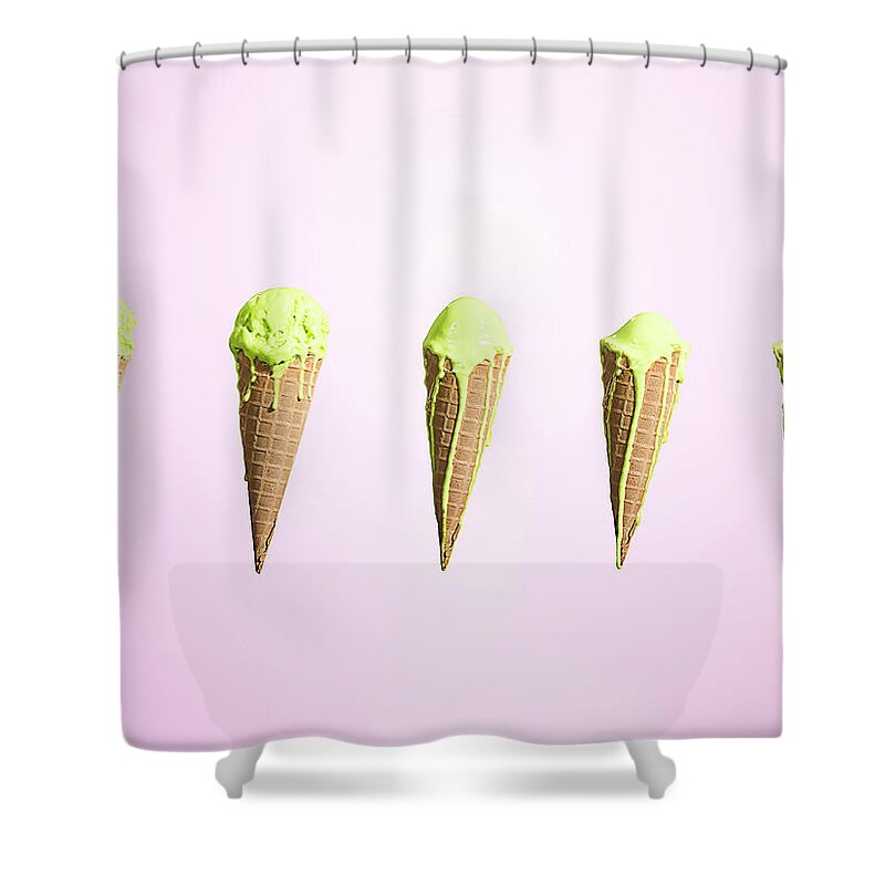 Five Objects Shower Curtain featuring the photograph Row Of Melting Ice Creams At Different by Jonathan Knowles