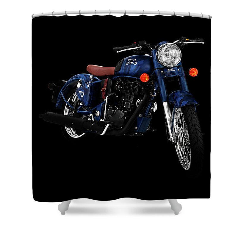 Royal Enfield Shower Curtain featuring the mixed media Royal Enfield Classic 500 Squadron Blue by Smart Aviation