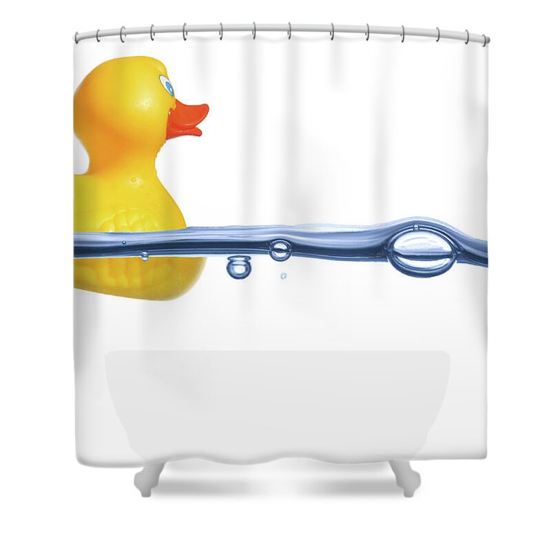 White Background Shower Curtain featuring the photograph Rubber Duck On Water by Yvandube