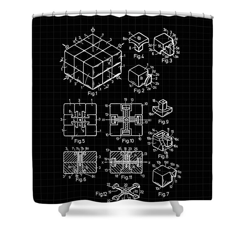 Rubik's Cube Shower Curtain featuring the digital art Rubik's Cube Patent 1983 - Black and White by Marianna Mills