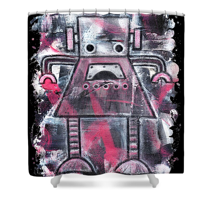 Robot Shower Curtain featuring the painting Ruby Robot Graphic by Roseanne Jones