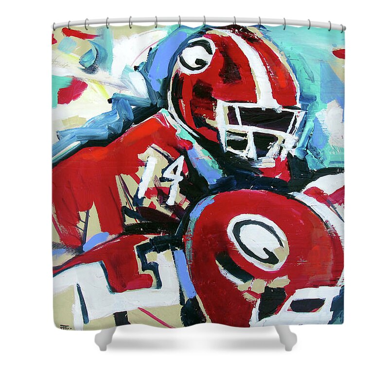 Uga Football Shower Curtain featuring the painting Run The Play by John Gholson