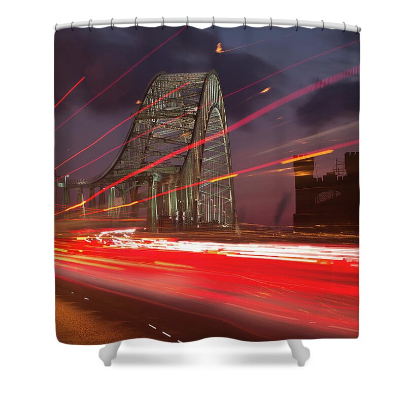 Built Structure Shower Curtain featuring the photograph Rush Hour At Runcorn Bridge by Chris Conway