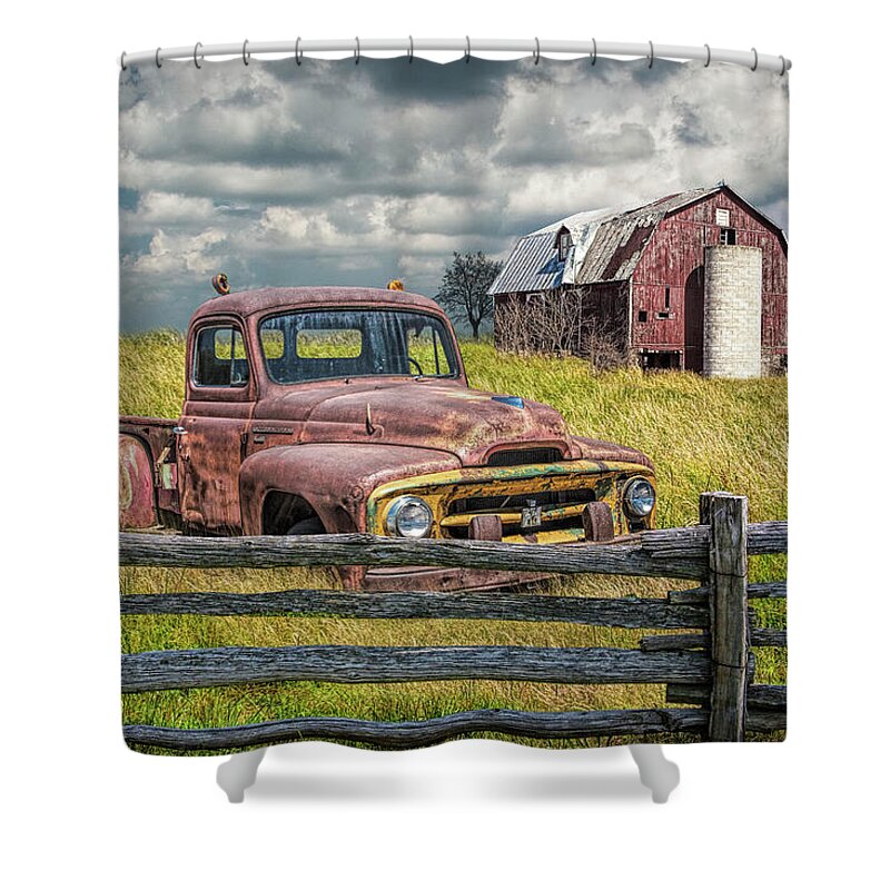 Harvester Shower Curtain featuring the photograph Rusted International Harvester Pickup Truck in a Rural Landscape by Randall Nyhof