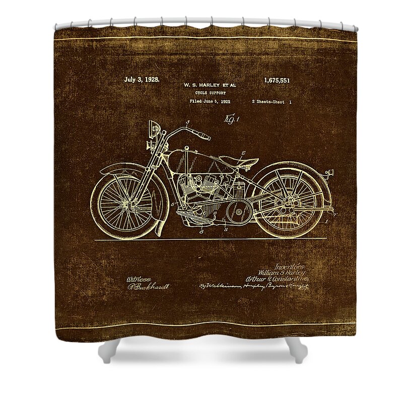 Patent Shower Curtain featuring the photograph Rusty Harley - Davidson Motorcycle Patent Drawing by Maria Angelica Maira