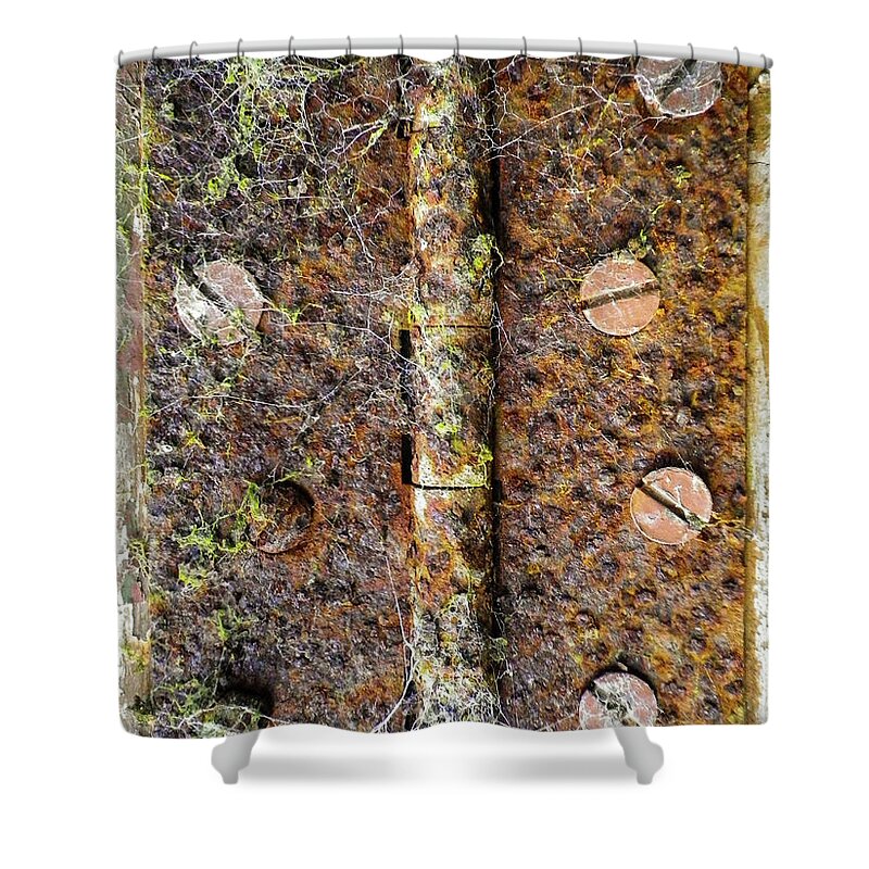 Cobwebs Shower Curtain featuring the photograph Rusty Old Door Hinge With Cobwebs by Richard Brookes