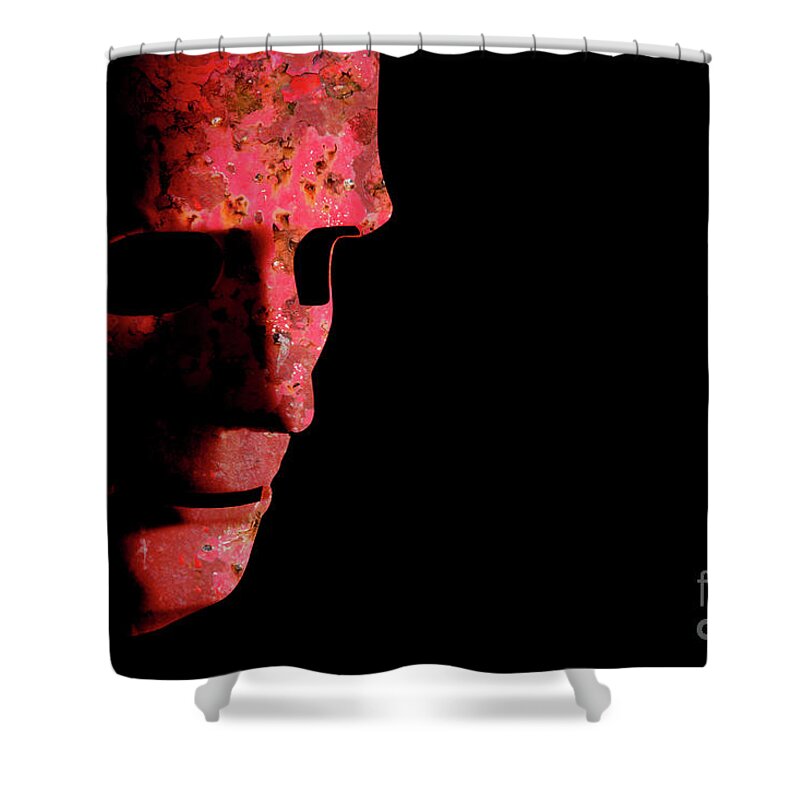 Mask Shower Curtain featuring the photograph Rusty robotic face old technology by Simon Bratt
