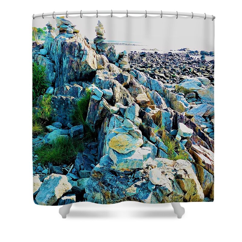 - Rye Nh Rock Cairns Shower Curtain featuring the photograph - Rye NH Rock Cairns by THERESA Nye