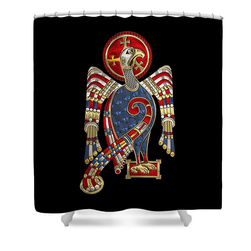 ‘celtic Treasures’ Collection By Serge Averbukh Shower Curtain featuring the digital art Sacred Celtic Eagle over Black Canvas by Serge Averbukh