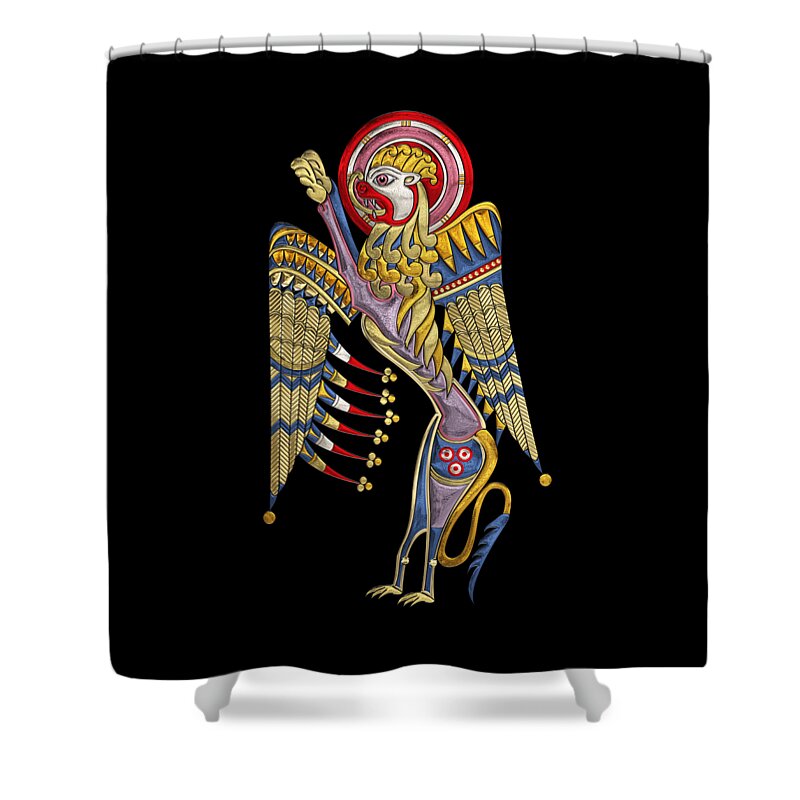 ‘celtic Treasures’ Collection By Serge Averbukh Shower Curtain featuring the digital art Sacred Celtic Lion over Black Canvas by Serge Averbukh