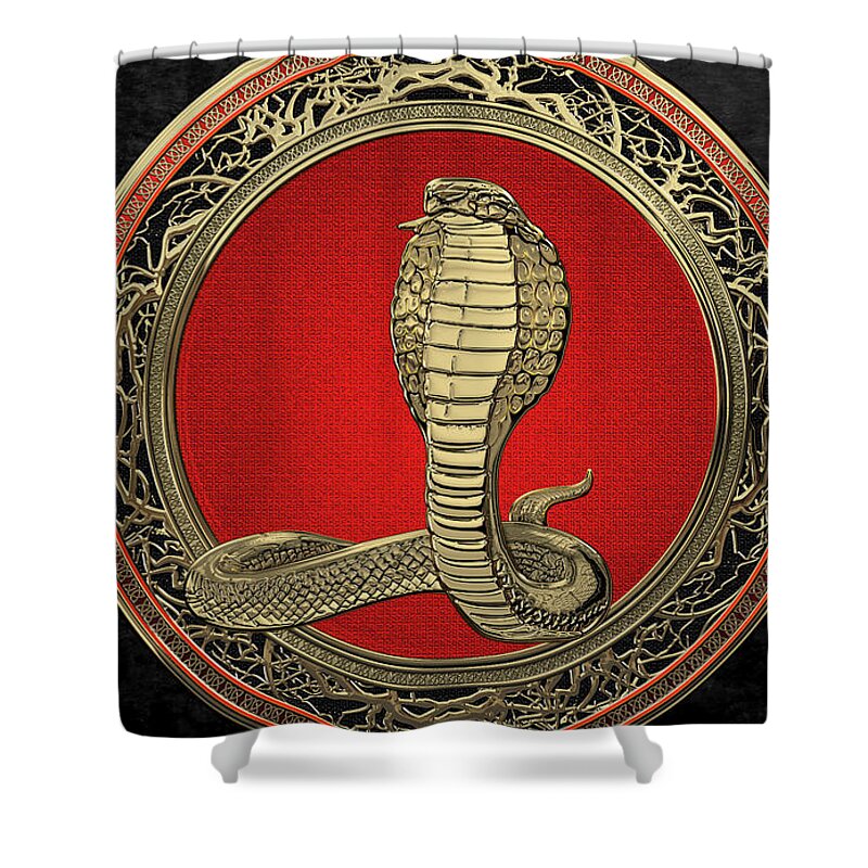 'beasts Creatures And Critters' Collection By Serge Averbukh Shower Curtain featuring the digital art Sacred Gold King Cobra on Black Canvas by Serge Averbukh