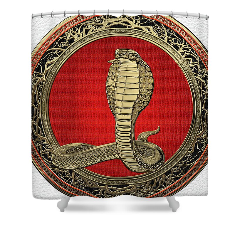 'beasts Creatures And Critters' Collection By Serge Averbukh Shower Curtain featuring the digital art Sacred Gold King Cobra on White Leather by Serge Averbukh