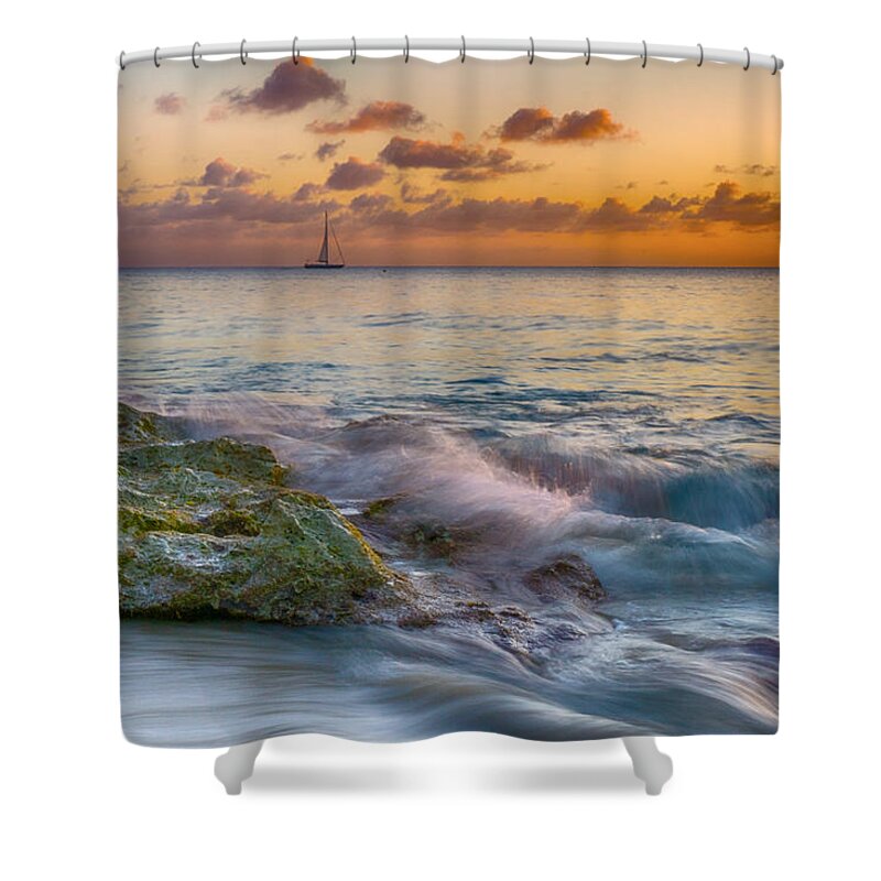 Pristine Shower Curtain featuring the photograph Sailboat in the Sunset at Rainbow Beach by Amanda Jones