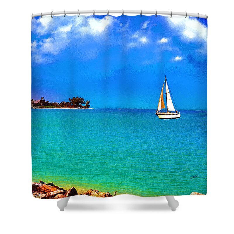 Waterscape Shower Curtain featuring the painting Sailboat off Southwest Florida - DWP1192976 by Dean Wittle