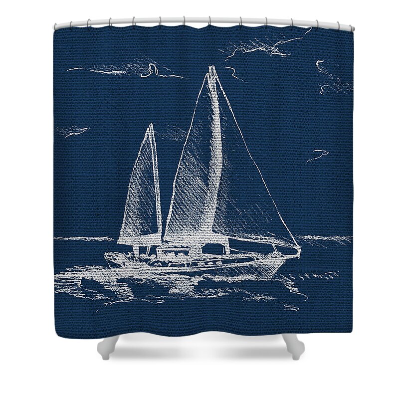 Sail Shower Curtain featuring the painting Sailboat On Blue Burlap II by Lanie Loreth