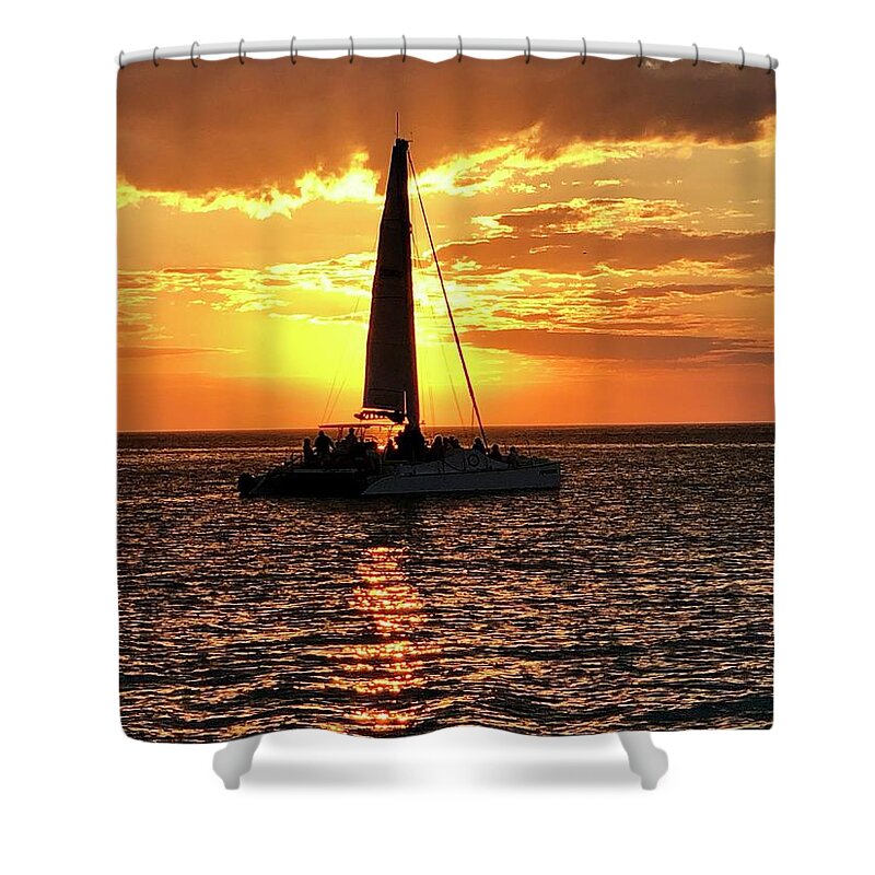 Beach Shower Curtain featuring the photograph Sailboat Silhouette Sunset in Captiva Island Florida 2019 by Shelly Tschupp