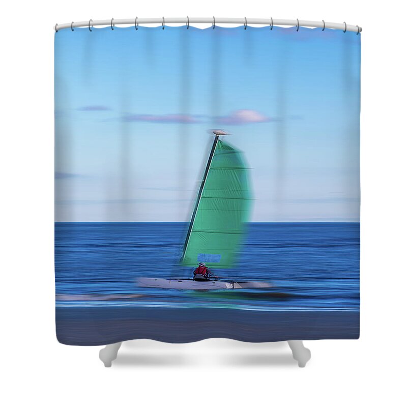 Beach Shower Curtain featuring the photograph Sailboat Speeding Past by Darryl Brooks