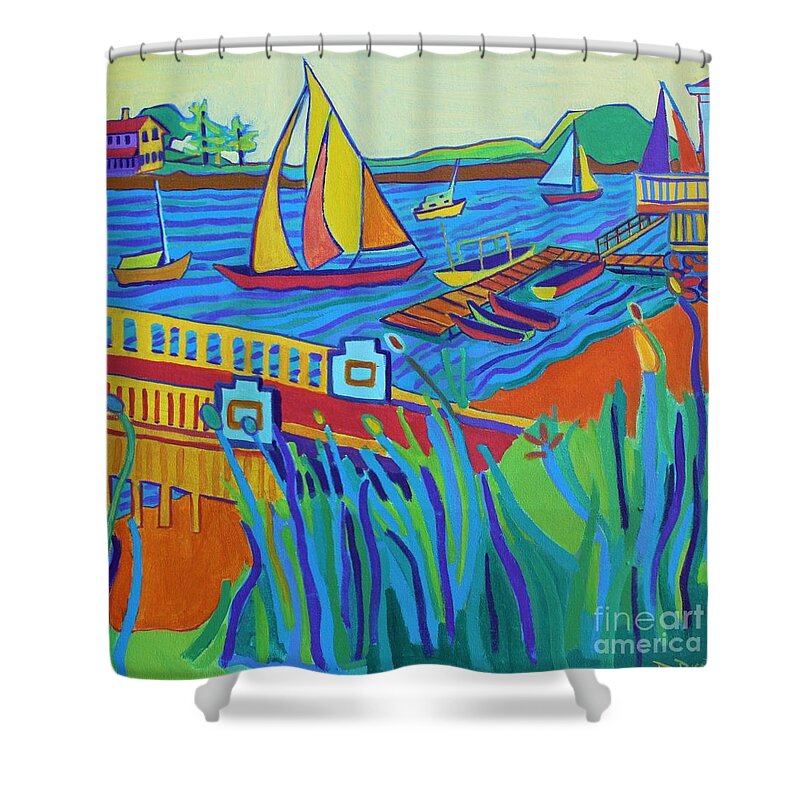 Landscape Shower Curtain featuring the painting Sailing at Tucks Point Manchester by the sea by Debra Bretton Robinson
