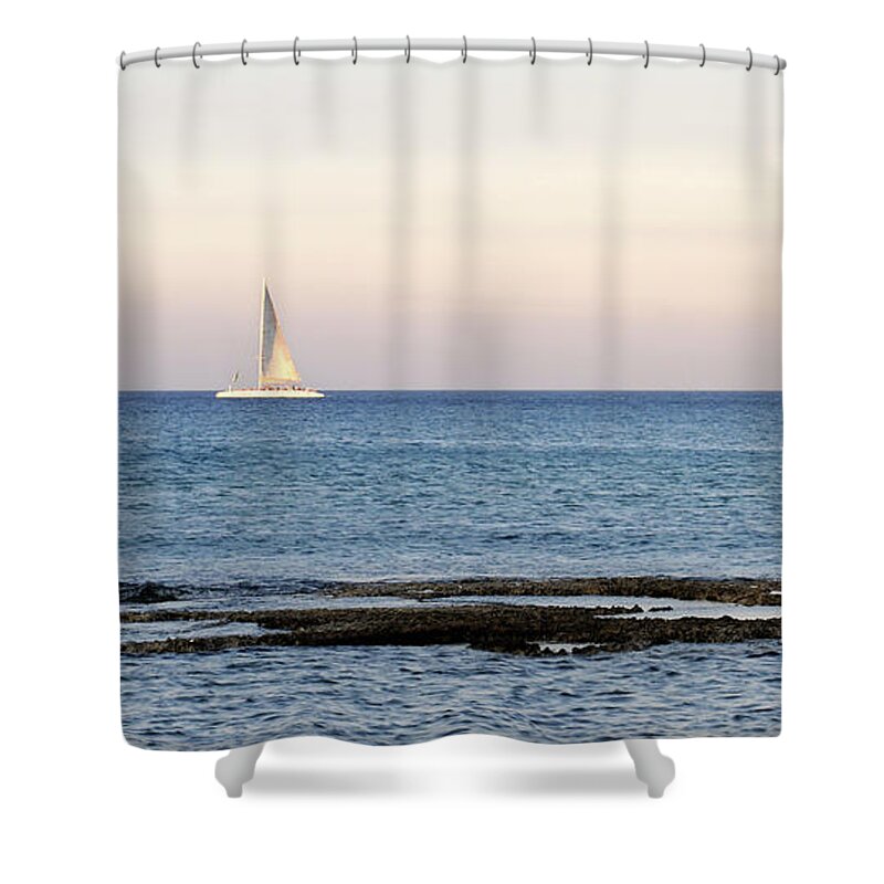 Sea Shower Curtain featuring the photograph Sailing boat in the Calm Ocean by Michalakis Ppalis