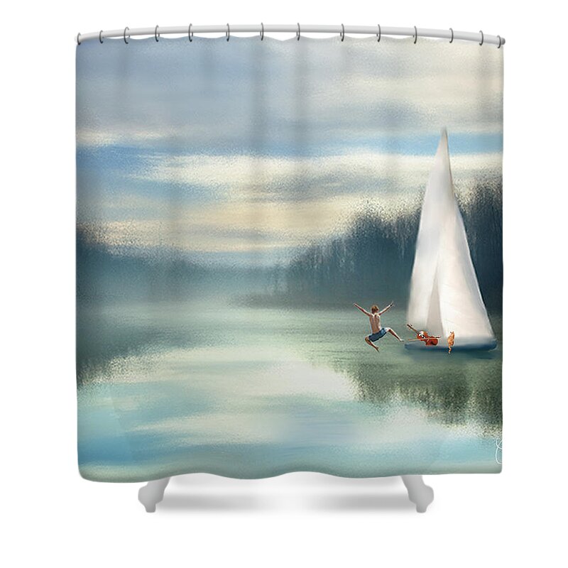 Sailing Boats Shower Curtain featuring the mixed media Sailing Down the River by Colleen Taylor