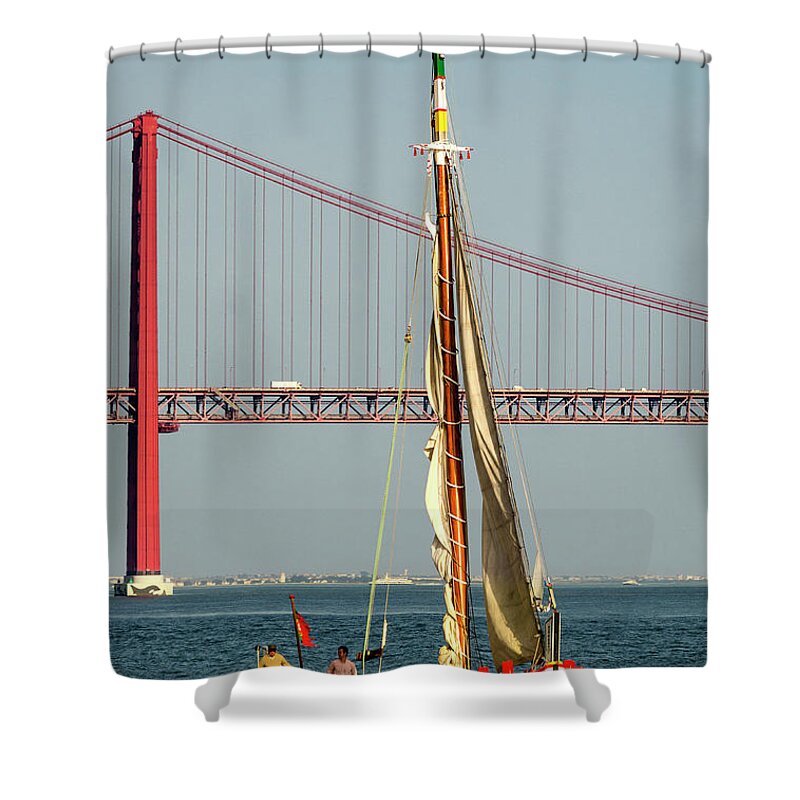 25 De Abril Bridge Shower Curtain featuring the photograph Sailing on the Tagus by Pablo Lopez