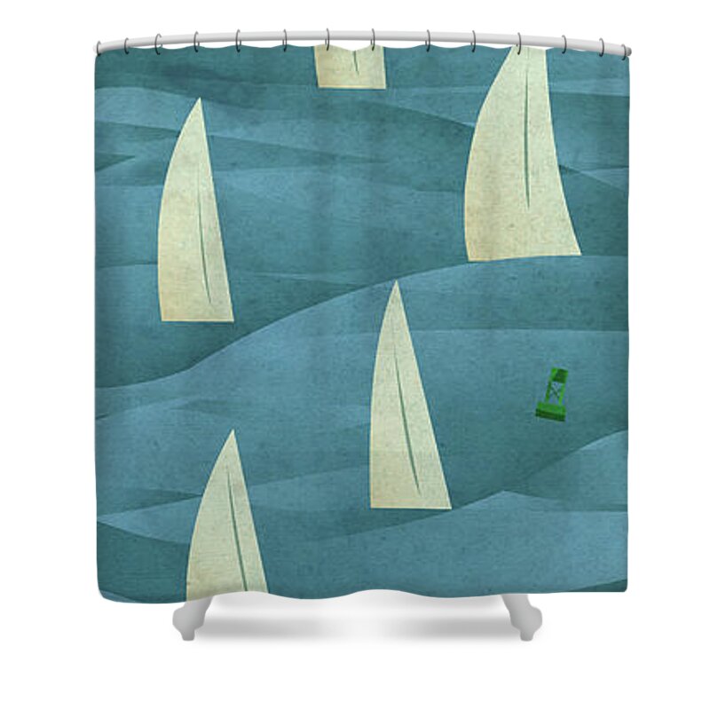 Sails Shower Curtain featuring the painting Sails Buoy I by Dan Meneely