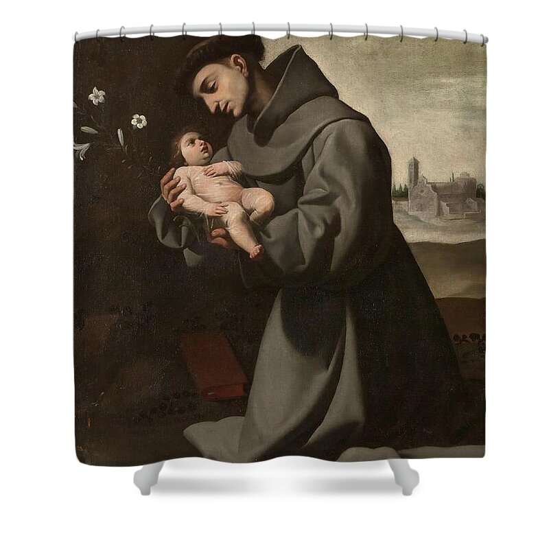 Francisco De Zurbaran Shower Curtain featuring the painting 'Saint Anthony of Padua with the Infant Christ'. 1635 - 1650. Oil on canvas. by Francisco de Zurbaran -c 1598-1664-