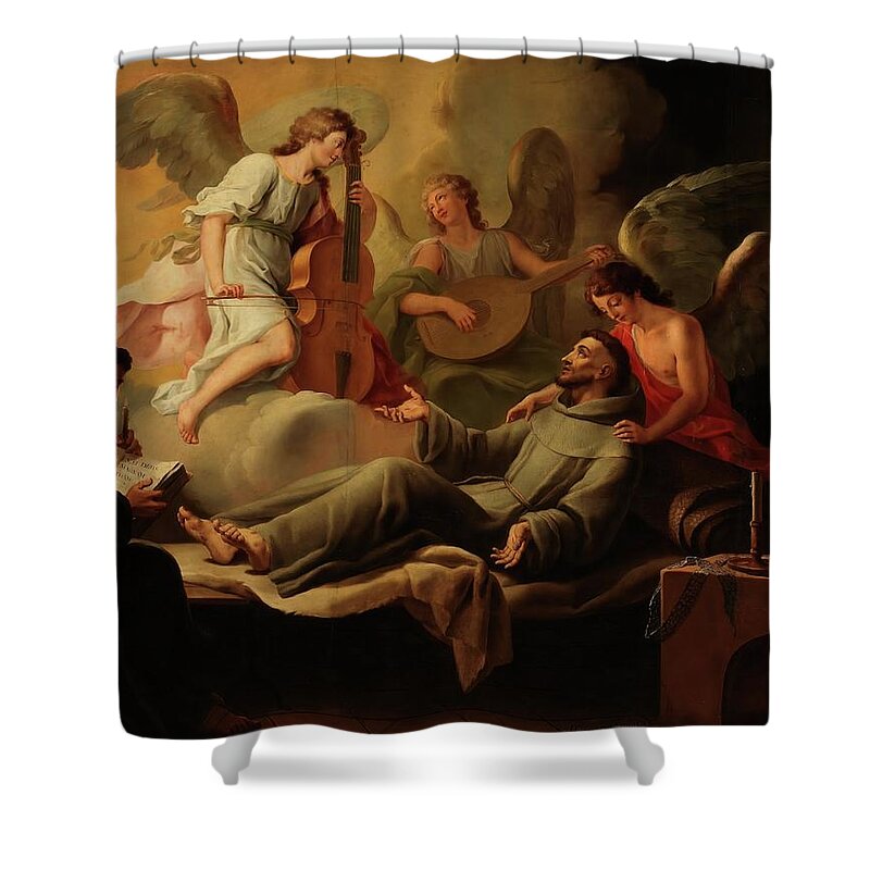 Francis Of Assisi Shower Curtain featuring the painting 'Saint Francis Comforted by Angels'. 1788. Oil on canvas. by Jose Camaron Bonanat Jose Camaron