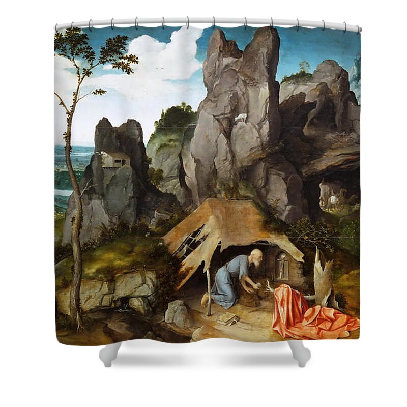 Joachim Patinir Shower Curtain featuring the painting Saint Jerome in the Desert by Joachim Patinir