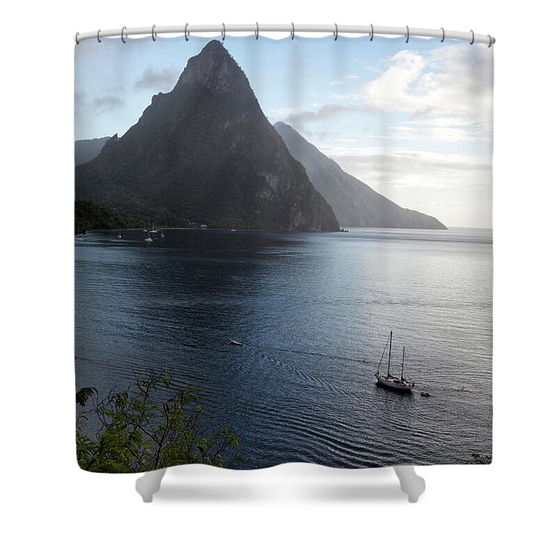 Estock Shower Curtain featuring the digital art Saint Lucia, Caribbean, The Pitons by Tim Mannakee