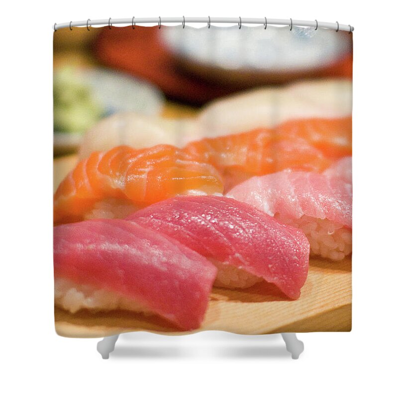 Cutting Board Shower Curtain featuring the photograph Salmon And Maguro Sushi by Hector Garcia @kirai