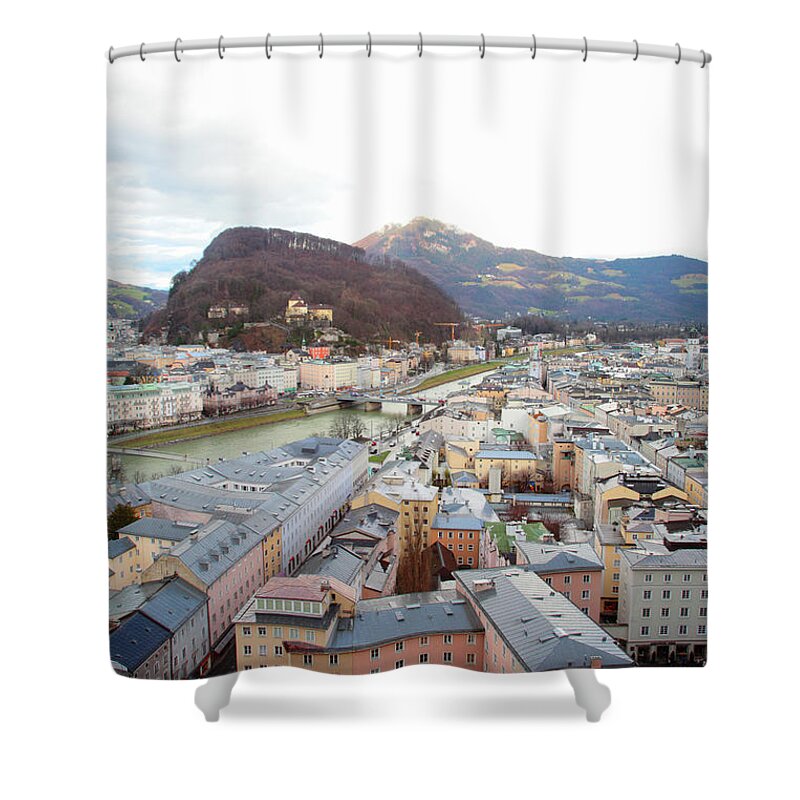 Scenics Shower Curtain featuring the photograph Salzburg Rooftops And Mountain Range by Cultura Exclusive/jesper Mattias