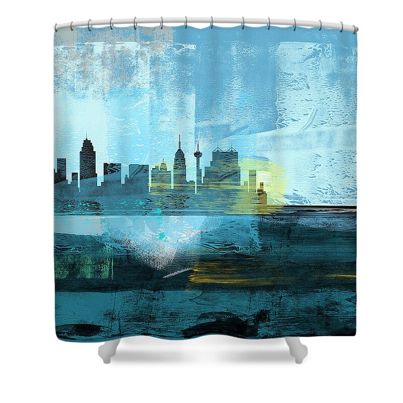 San Antonio Shower Curtain featuring the mixed media San Antonio Abstract Skyline I by Naxart Studio