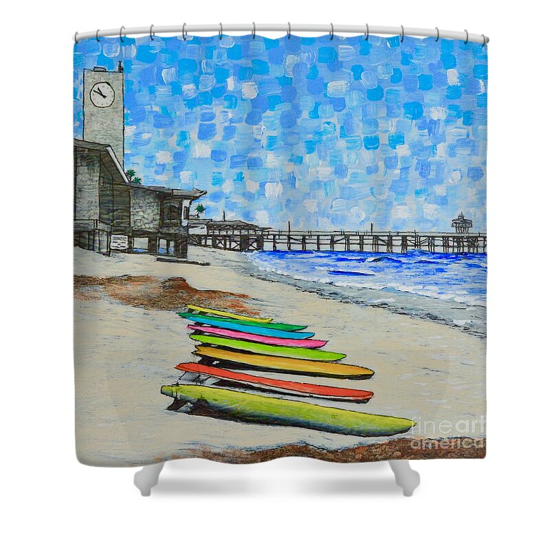 Ocean Shower Curtain featuring the painting San Clemente Surf Boards by Mary Scott