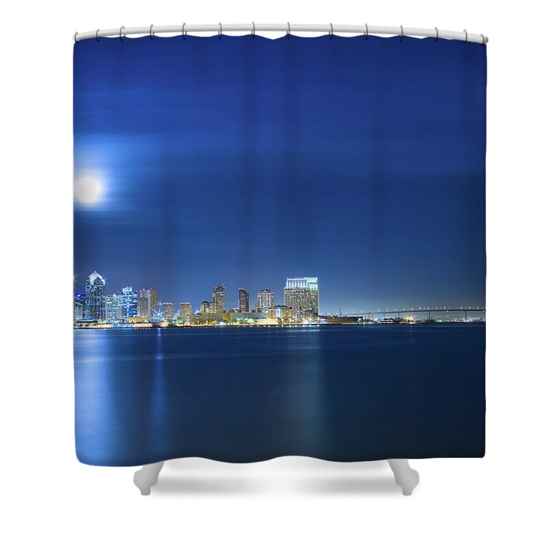 In A Row Shower Curtain featuring the photograph San Diego Skyline by Jancouver