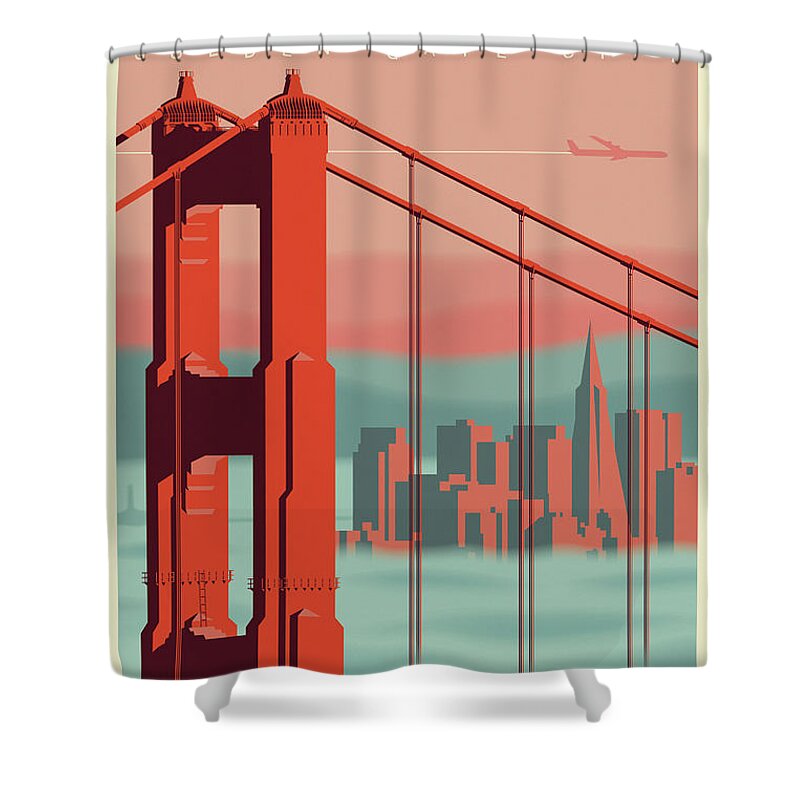 Mid Century Modern Shower Curtain featuring the digital art San Francisco Poster - Vintage Travel by Jim Zahniser