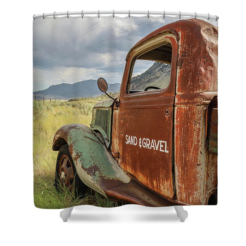 Vintage Truck Shower Curtain featuring the photograph Sand and Gravel Vintage Truck West Yellowstone Montana by Edward Fielding