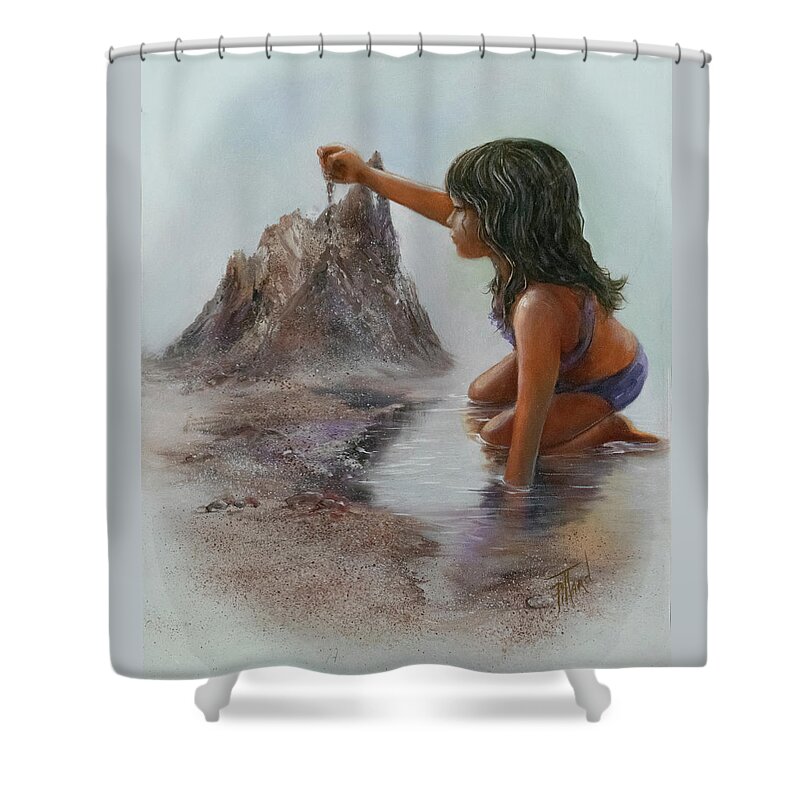 Girl Playing With Sand Shower Curtain featuring the painting Sand Dreams I by Lynne Pittard