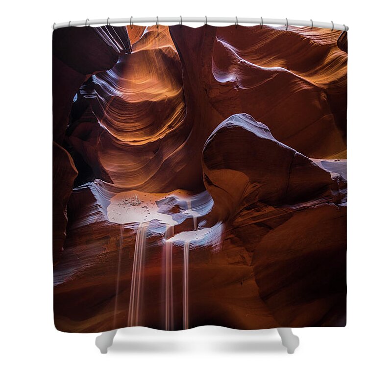 Antelope Canyon Shower Curtain featuring the photograph Sand Falling From Rock Formation In by Andrea Spallanzani