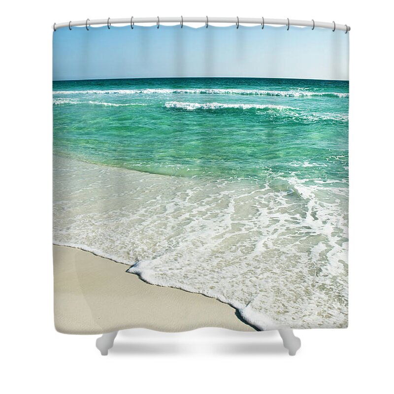 Water's Edge Shower Curtain featuring the photograph Sandy Beach With Tide Rolling In by Bentrussell