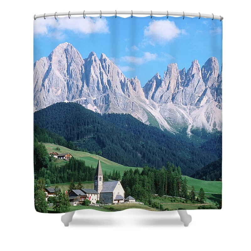 Clock Tower Shower Curtain featuring the photograph Santa Maddalena With Mt Odle by John Elk Iii