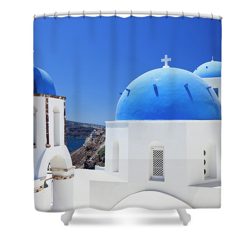Greek Culture Shower Curtain featuring the photograph Santorini Famous Churches by Mbbirdy