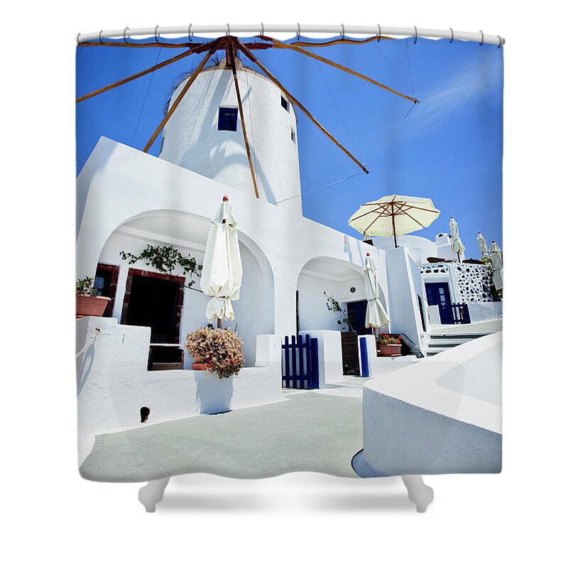 Curve Shower Curtain featuring the photograph Santorini Idyllic Hotel In Oia by Mbbirdy