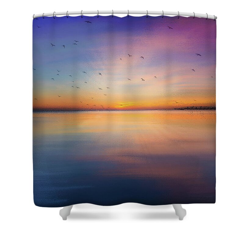 Seascape Shower Curtain featuring the mixed media Sapphire Sunset by Colleen Taylor