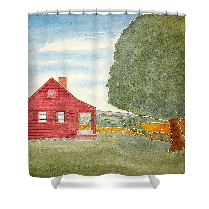 Watercolor Shower Curtain featuring the painting Saratoga Farmhouse Lore by John Klobucher
