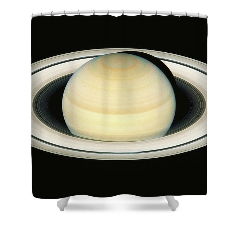 Black Color Shower Curtain featuring the photograph Saturn, Satellite View by Stocktrek