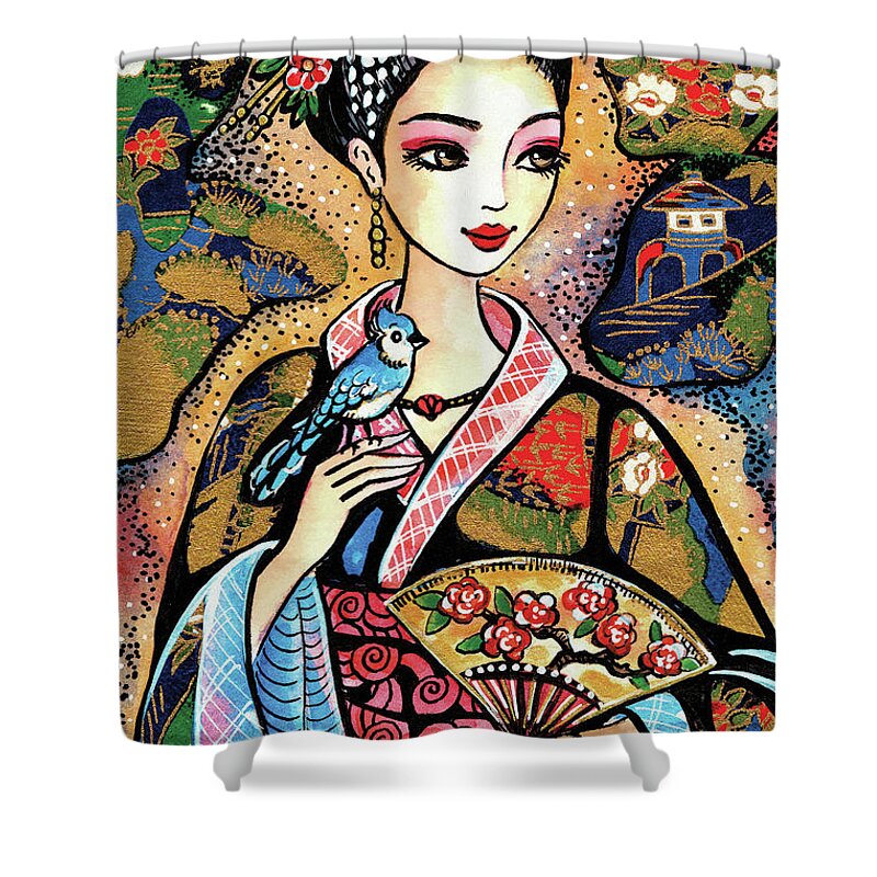 Woman And Bird Shower Curtain featuring the painting Sayuri by Eva Campbell