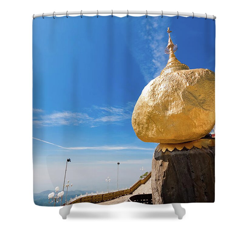 Southeast Asia Shower Curtain featuring the photograph Scenic View Of Golden Rock Kyaiktiyo by Fototrav