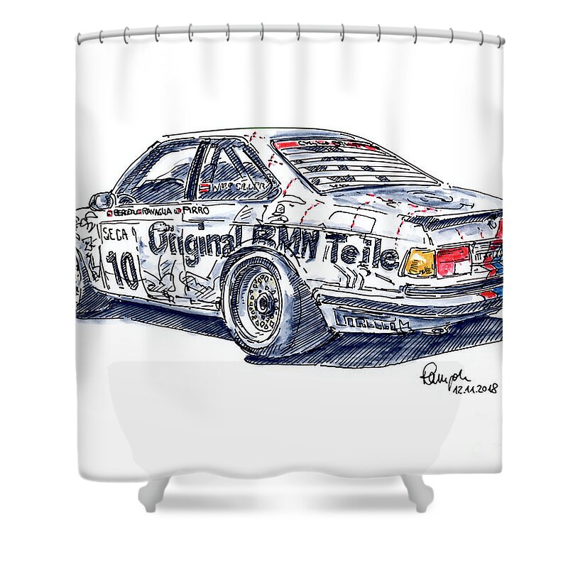 Bmw Shower Curtain featuring the drawing Schnitzer BMW 635 CSi Racecar Ink Drawing and Watercolor by Frank Ramspott